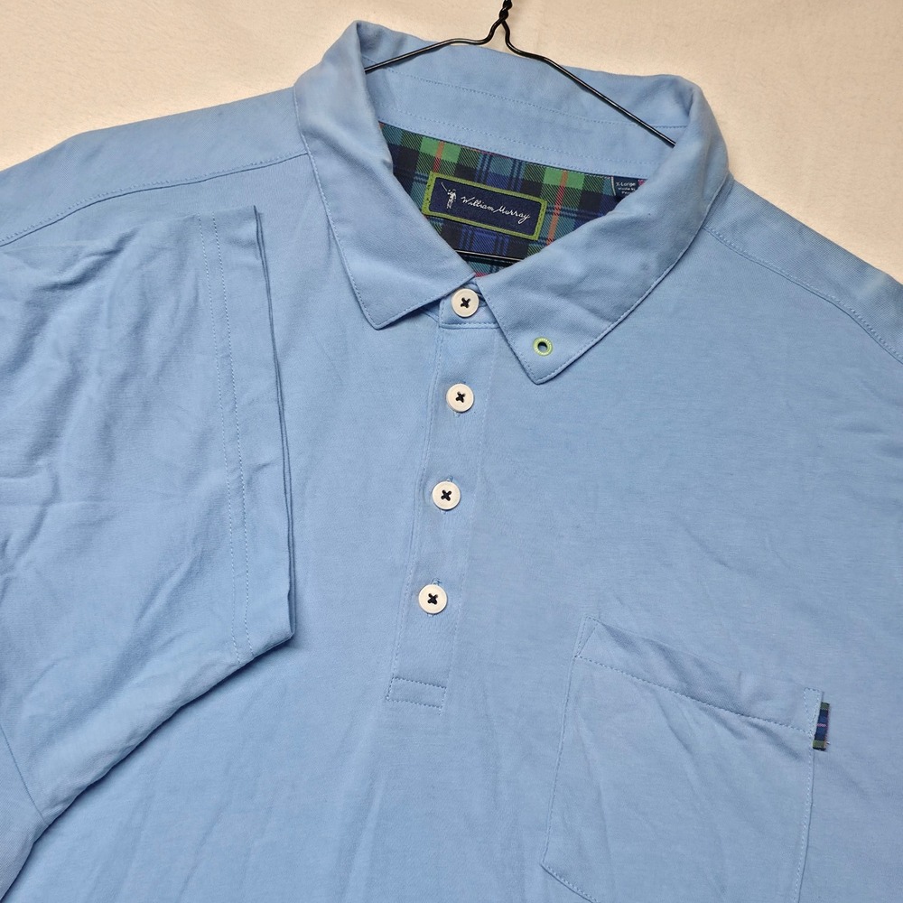 William Murray Polo Shirt Men's XL Light Blue Plaid Collar Pocket Cotton Golf